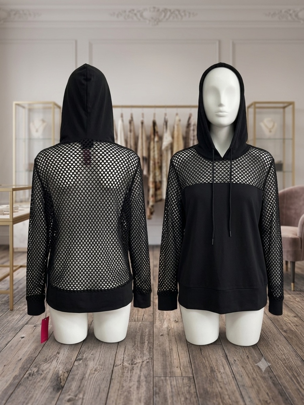 Black Mesh-Panel Hooded Sweatshirt for Women